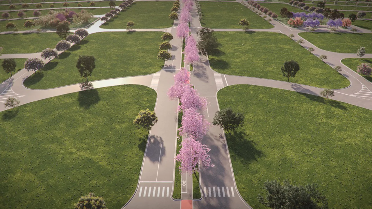 Perspectiva ilustrativa da alameda principal do Comviva Paulínia